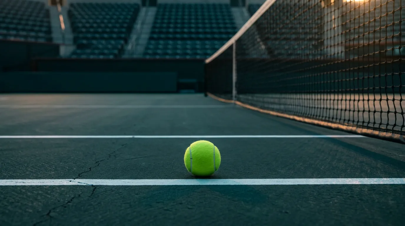 Pista de tenis con red vista desde detrás de la línea de fondo, en tonos frescos y verde pelota, metáfora visual de apuestas seguras y juego responsable