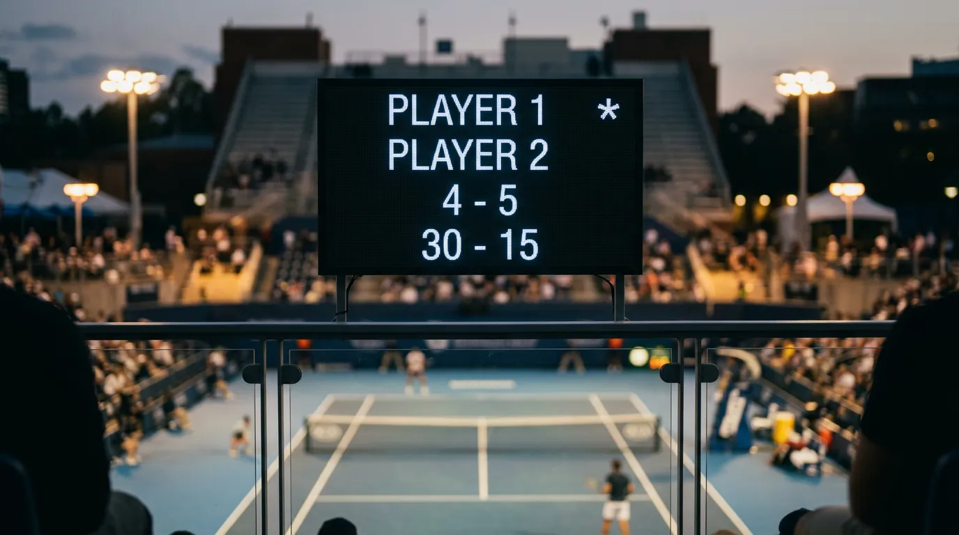 Marcador electrónico de un partido de tenis profesional mostrando sets, juegos y estadísticas en tiempo real sobre una pista dura