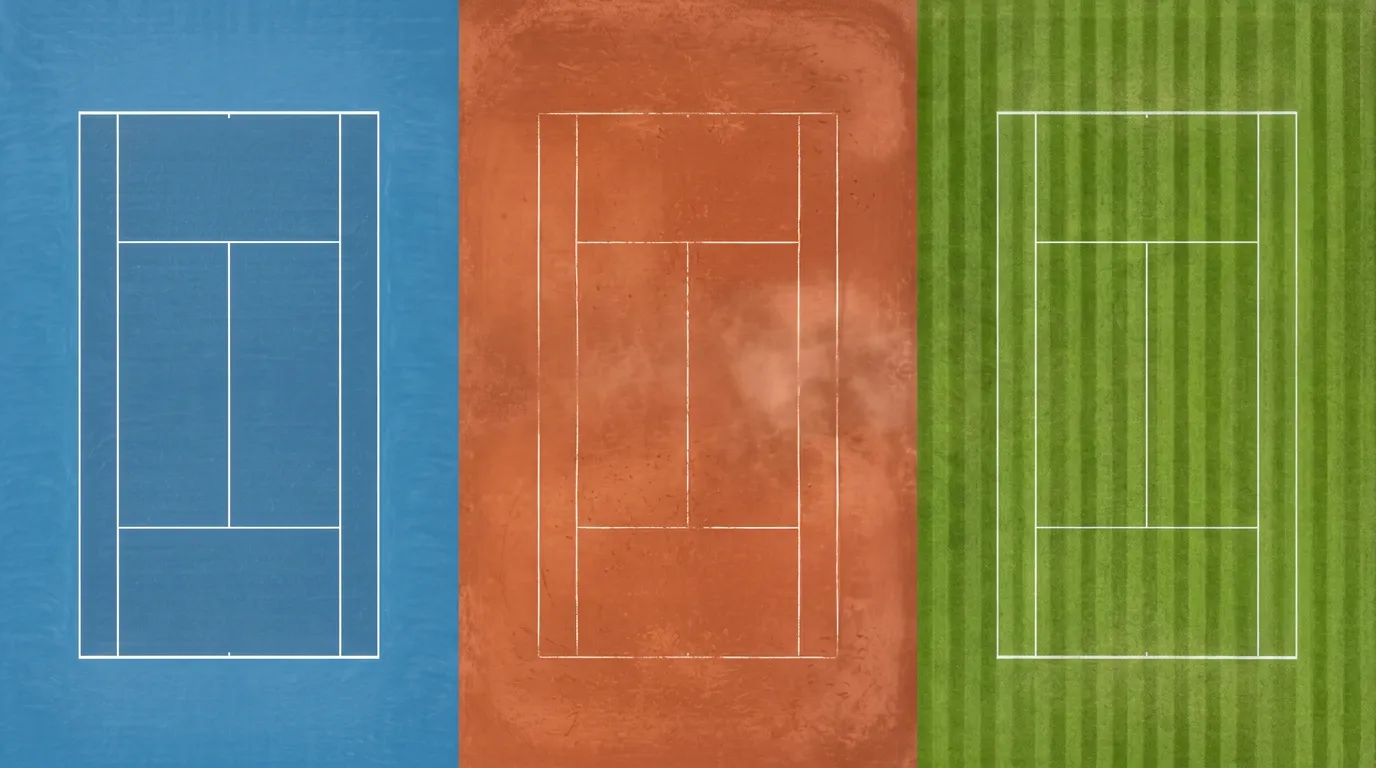 Tres pistas de tenis vistas desde ángulo elevado, una de pista dura azul, una de tierra batida roja y una de hierba verde, comparando las tres superficies oficiales del tenis profesional